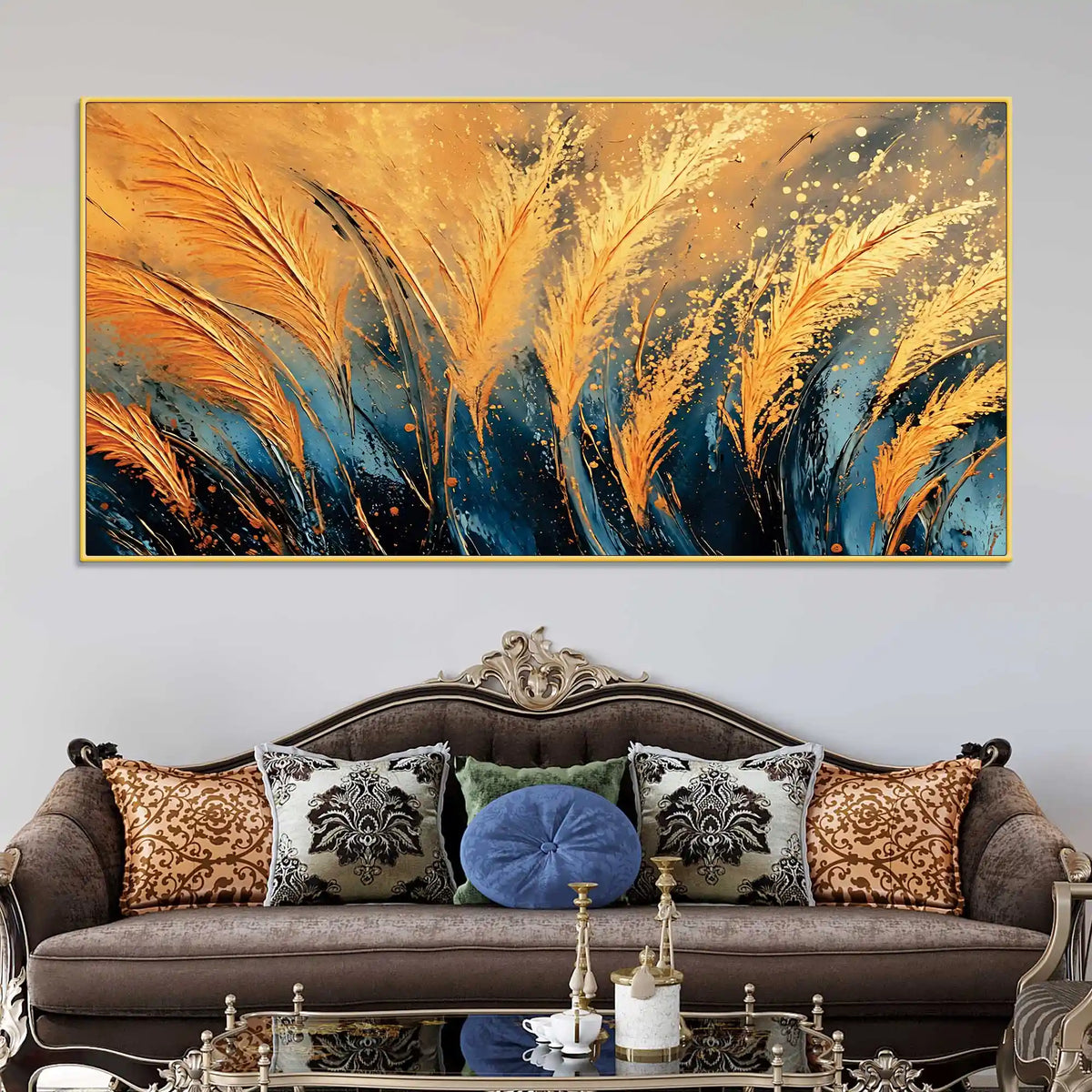 Aesthetic Golden Wheat Feather Abstract Canvas Wall Painting