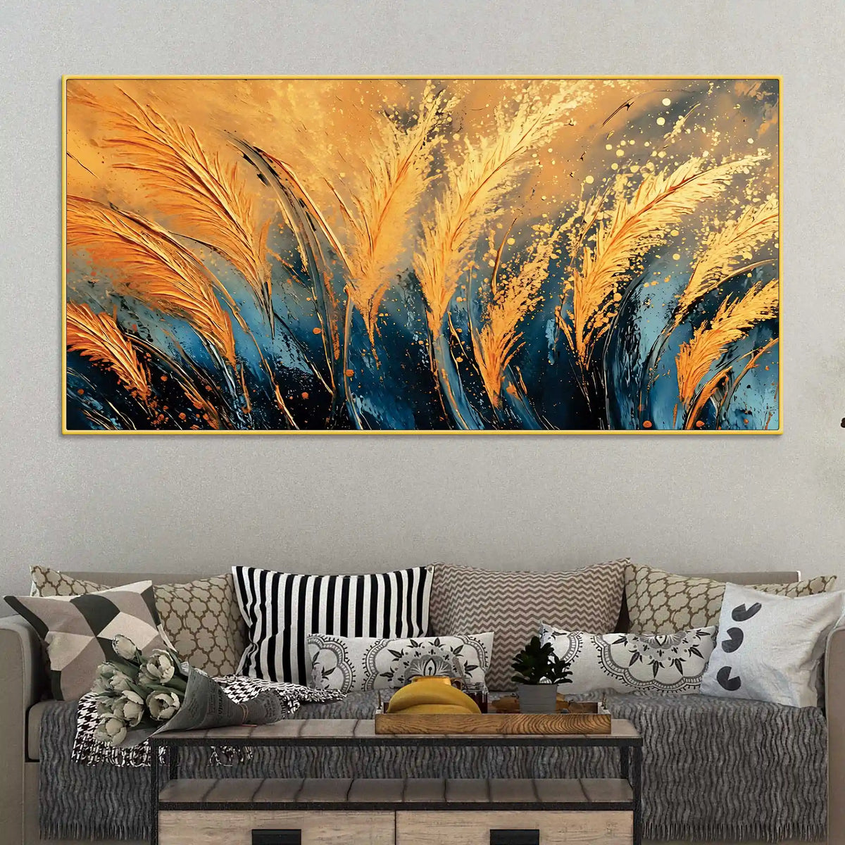 Aesthetic Golden Wheat Feather Abstract Canvas Wall Painting