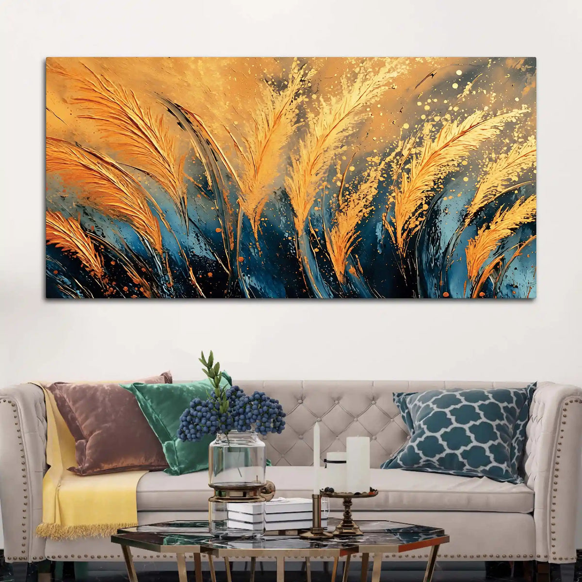 Aesthetic Golden Wheat Feather Abstract Canvas Wall Painting