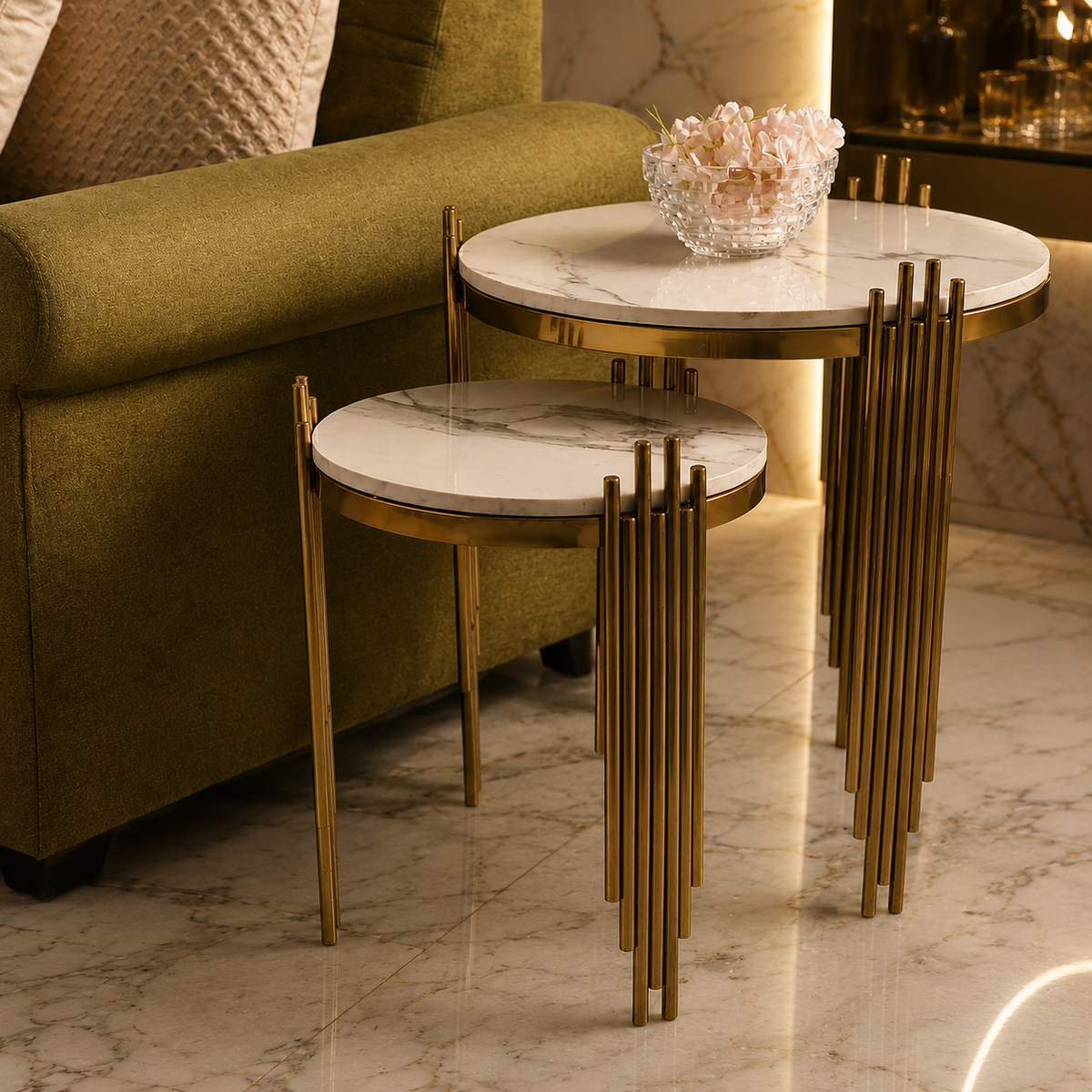 Aesthetic Round Nesting Table with Marble Top Set Of 2