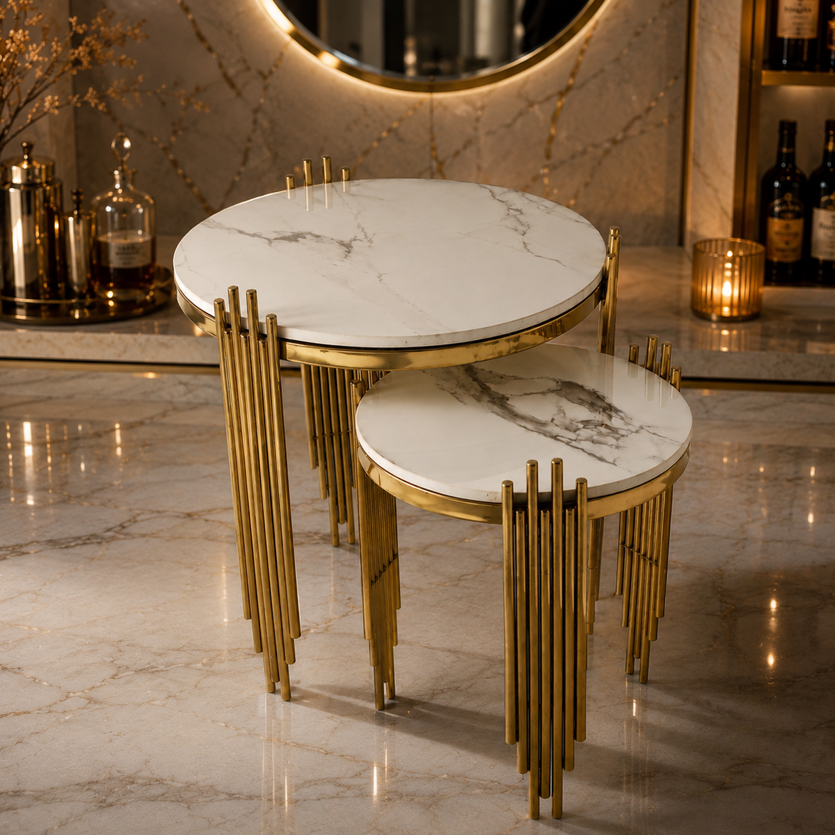 Aesthetic Round Nesting Table with Marble Top Set Of 2