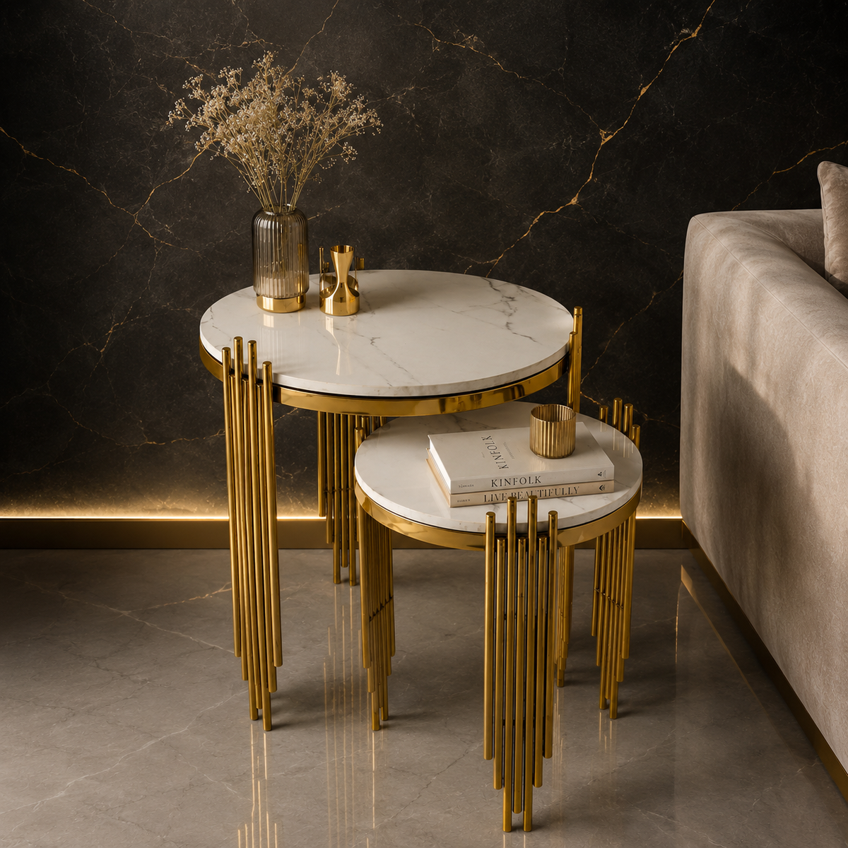 Aesthetic Round Nesting Table with Marble Top Set Of 2