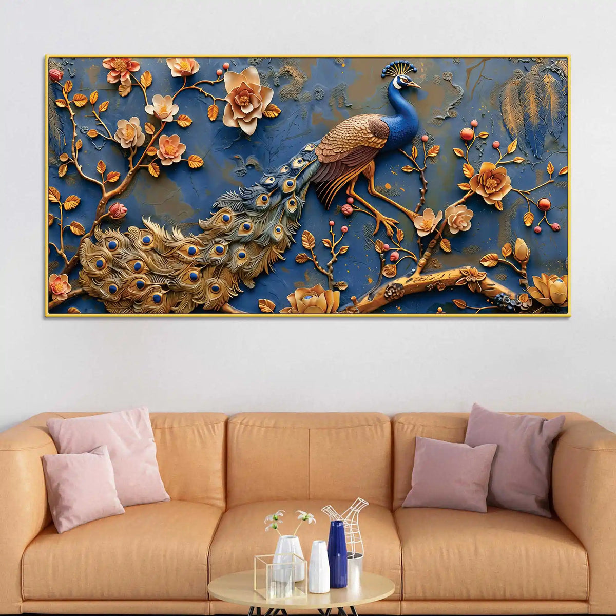Aesthetic Royal Peacock Among Golden Blossoms Canvas Wall Painting