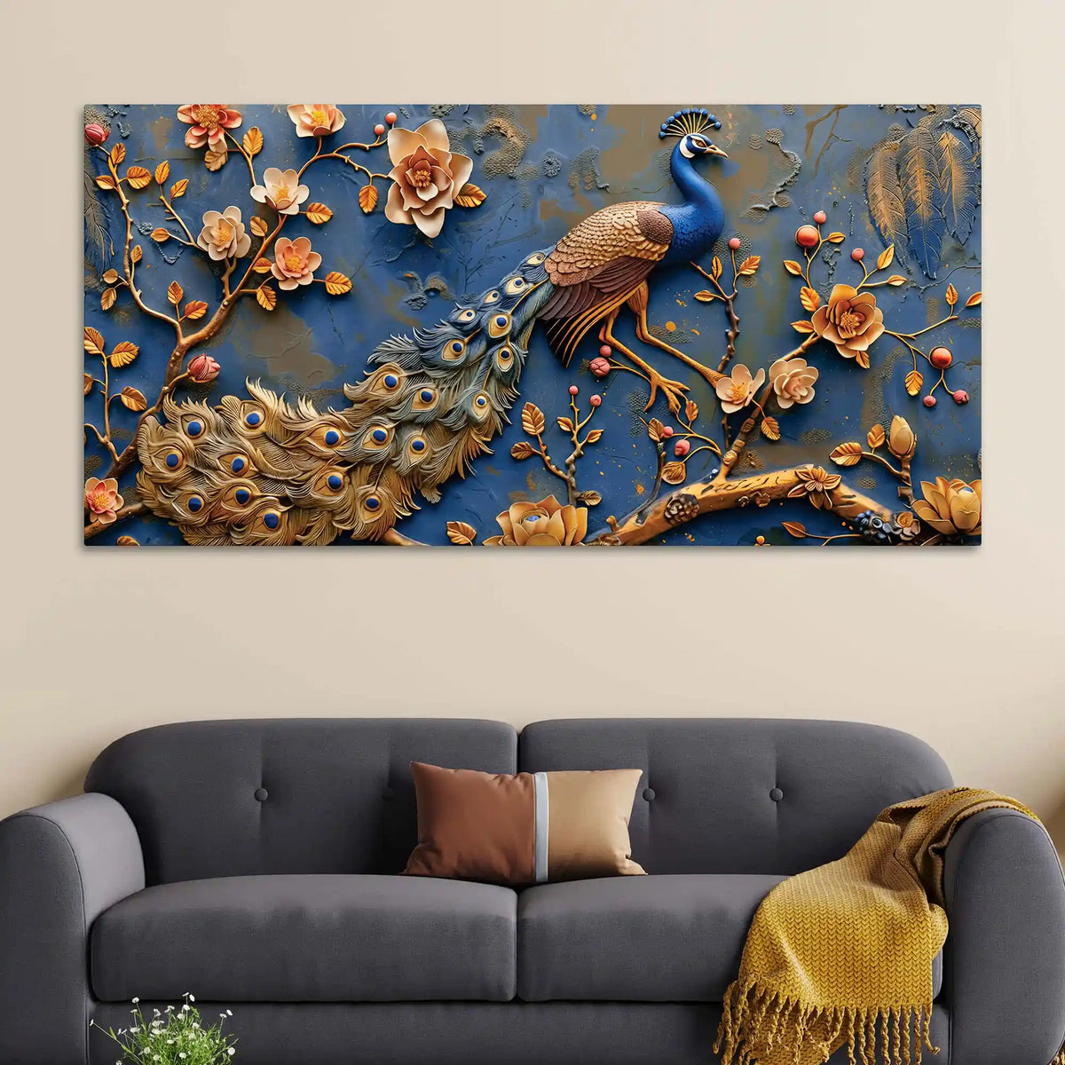 Aesthetic Royal Peacock Among Golden Blossoms Canvas Wall Painting