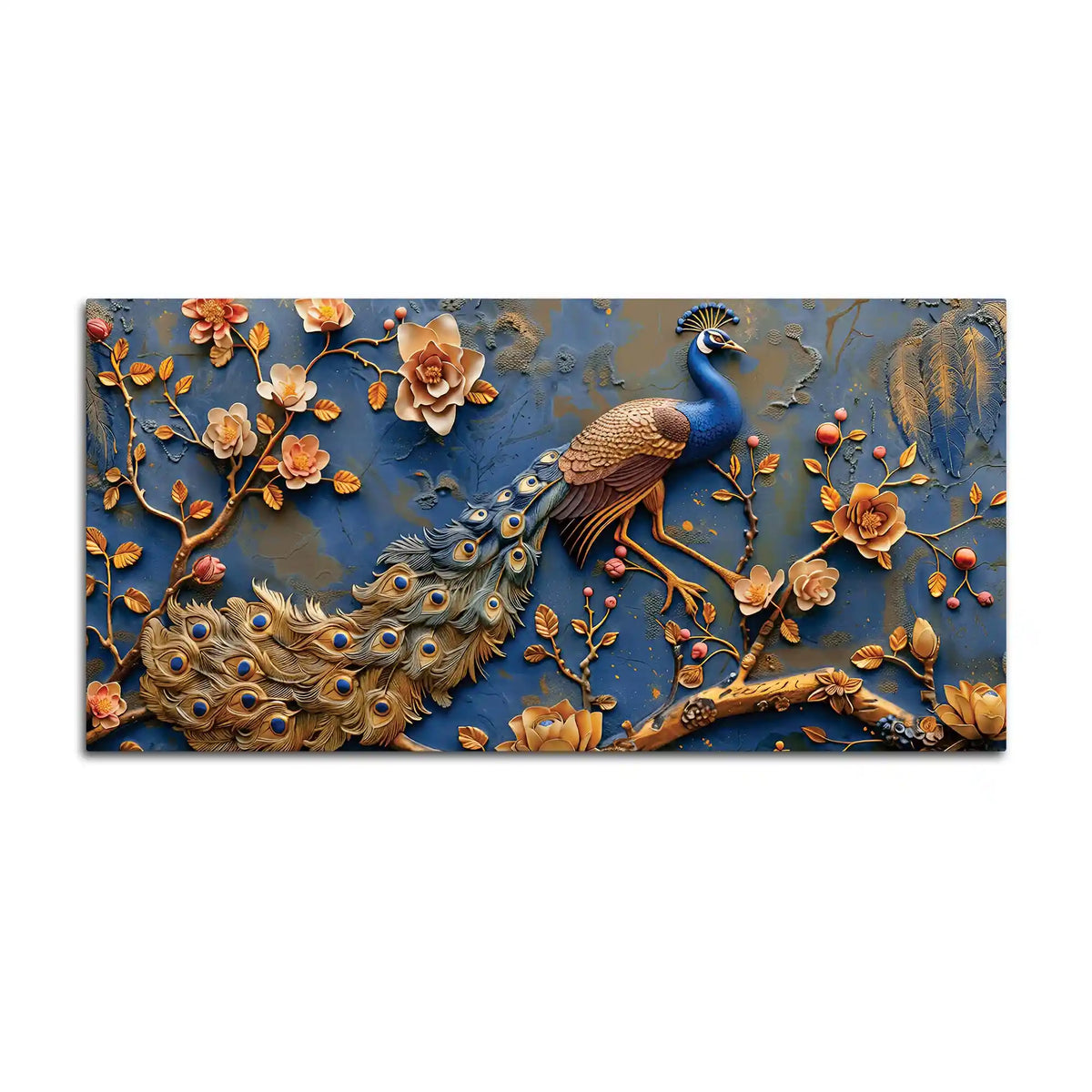 Aesthetic Royal Peacock Among Golden Blossoms Canvas Wall Painting