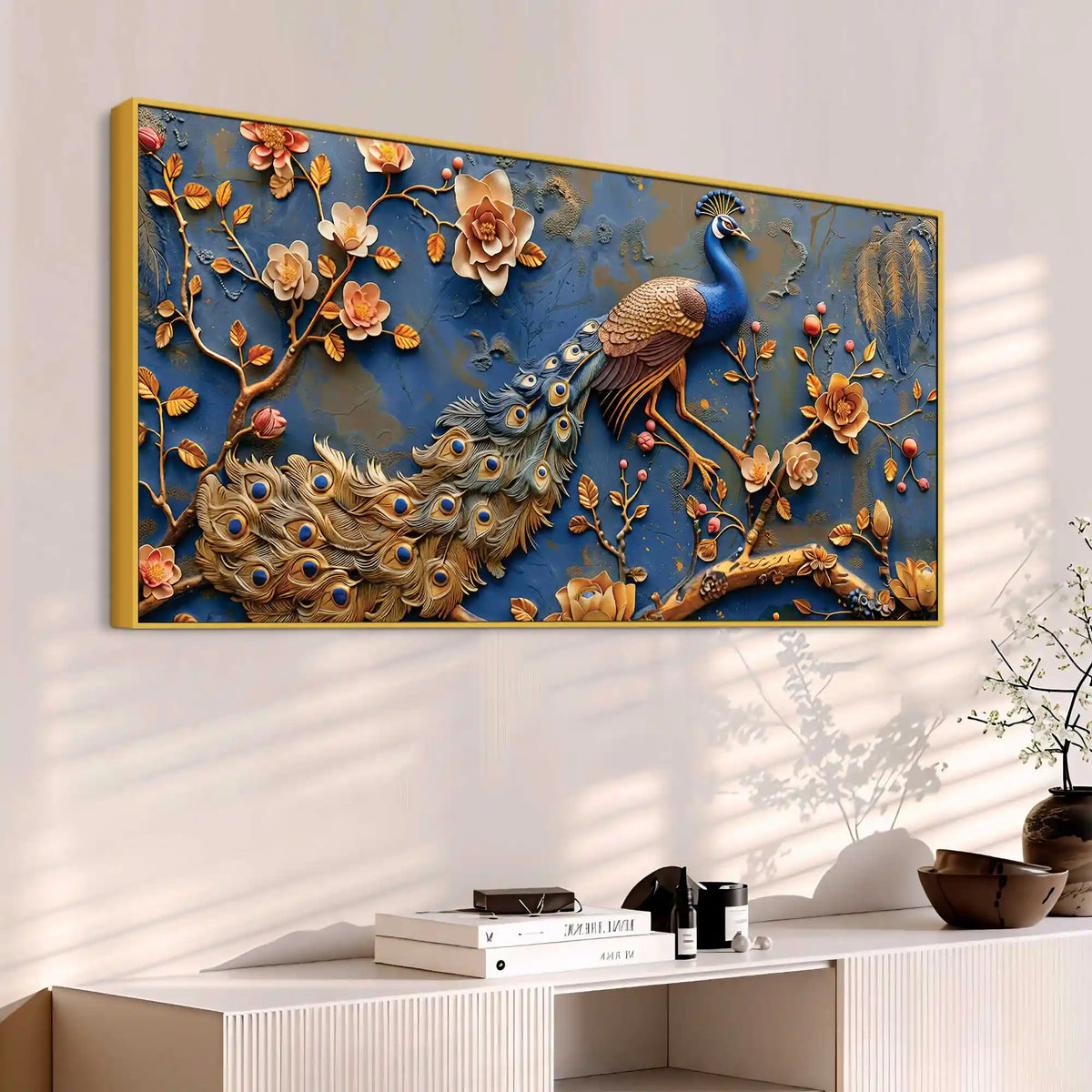 Aesthetic Royal Peacock Among Golden Blossoms Canvas Wall Painting