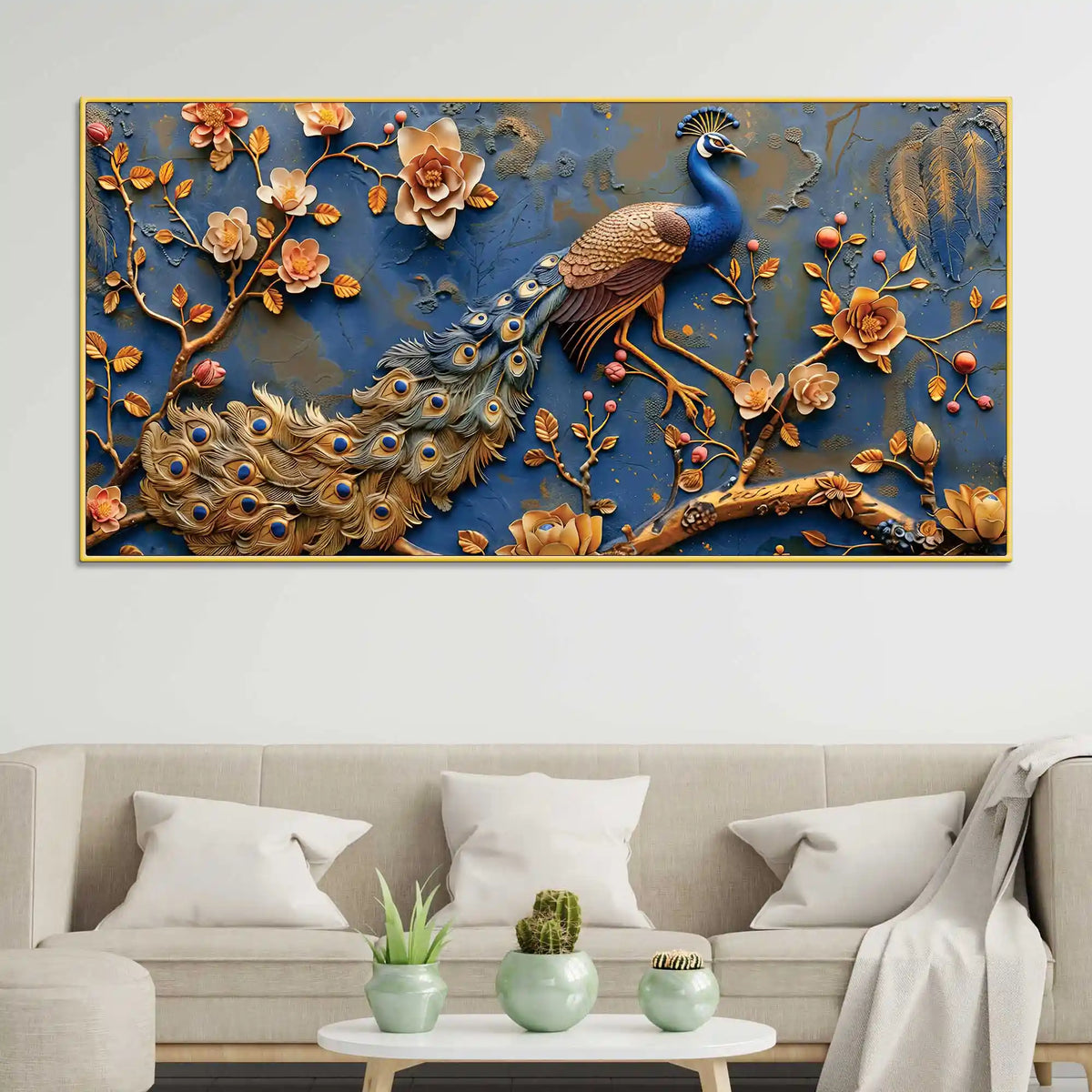 Aesthetic Royal Peacock Among Golden Blossoms Canvas Wall Painting