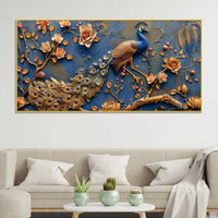Aesthetic Royal Peacock Among Golden Blossoms Canvas Wall Painting