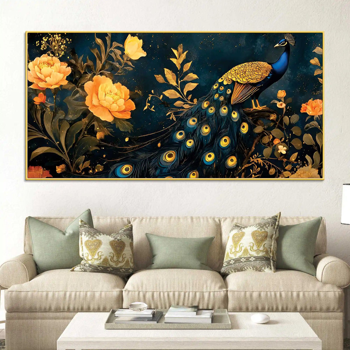 Aesthetic Royal Peacock In Gold Floral Canvas Wall Painting