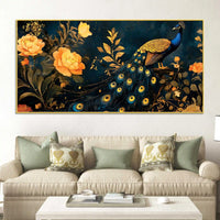 Aesthetic Royal Peacock In Gold Floral Canvas Wall Painting