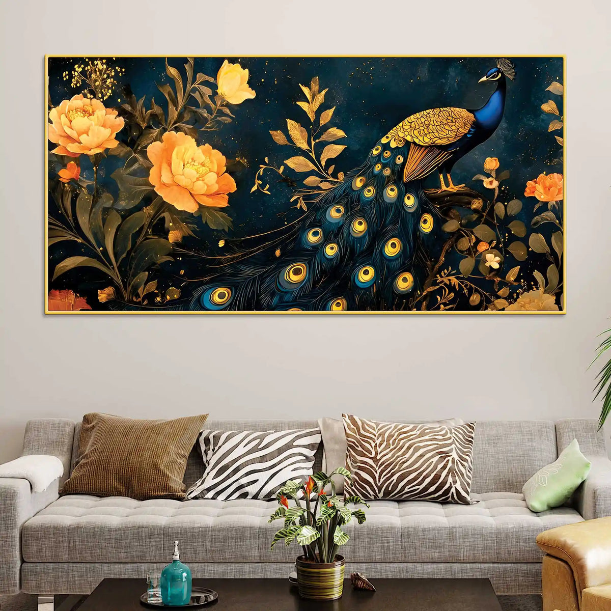 Aesthetic Royal Peacock In Gold Floral Canvas Wall Painting