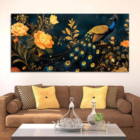 Aesthetic Royal Peacock In Gold Floral Canvas Wall Painting