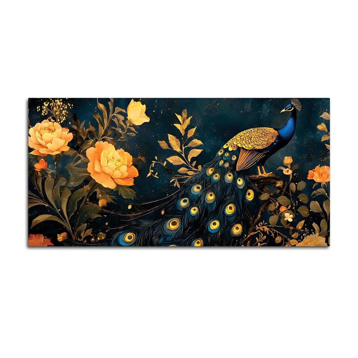 Aesthetic Royal Peacock In Gold Floral Canvas Wall Painting