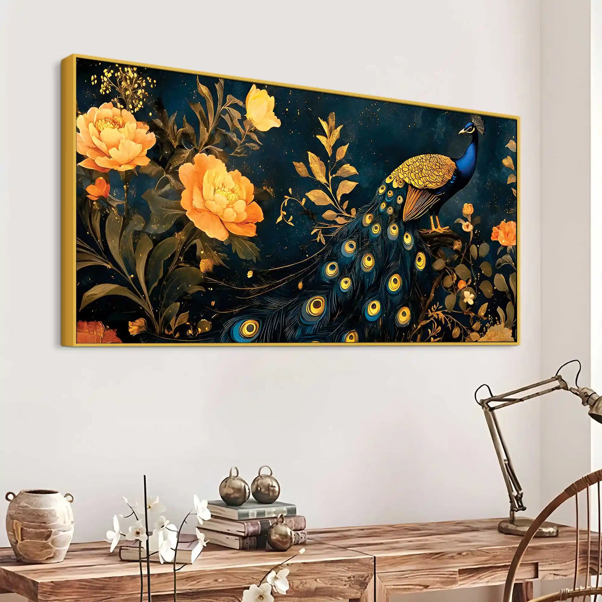 Aesthetic Royal Peacock In Gold Floral Canvas Wall Painting