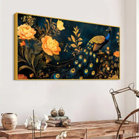 Aesthetic Royal Peacock In Gold Floral Canvas Wall Painting