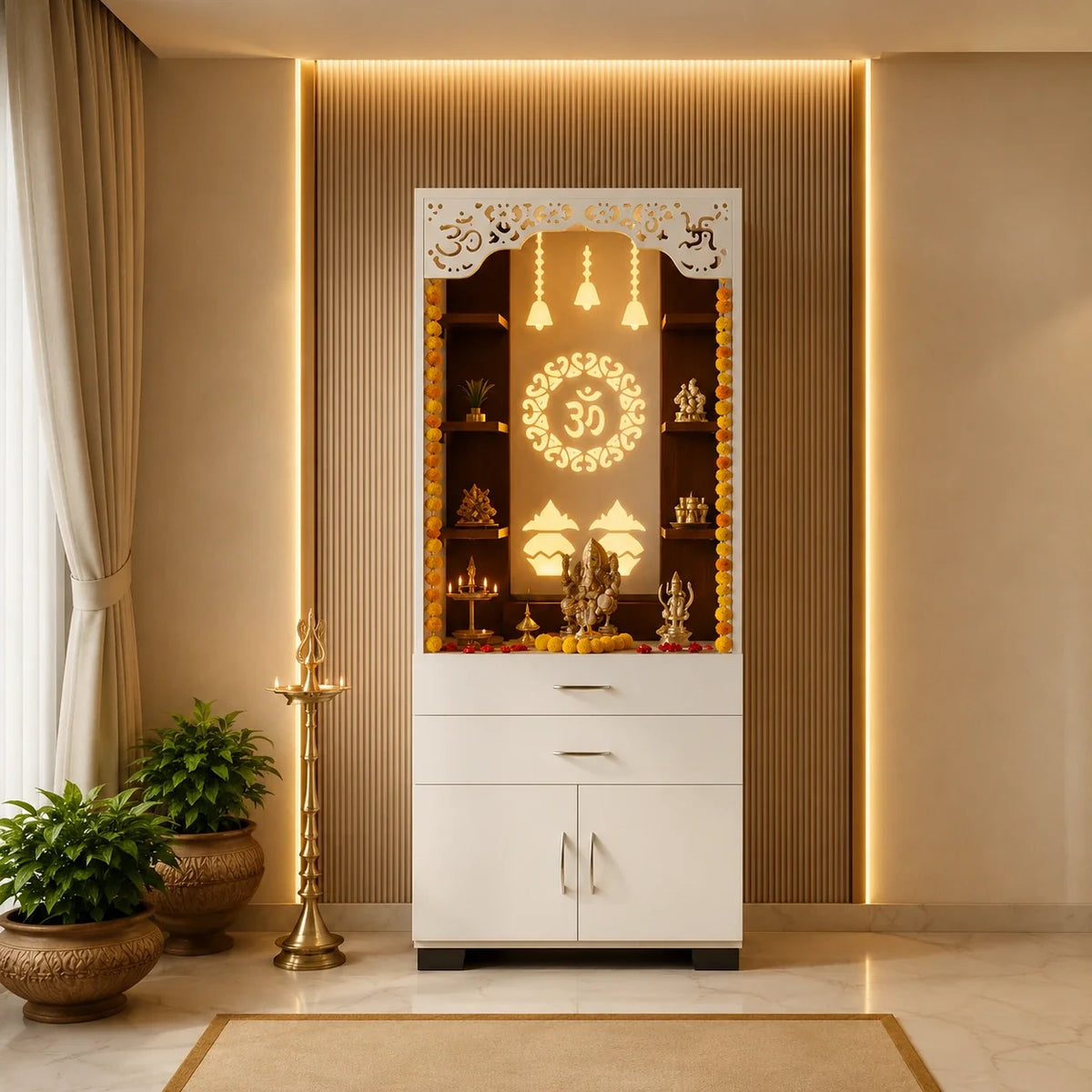 Aesthetic White Finish Wooden Floor Temple with Om LED Back Panel & Spacious Drawer Storage Cabinet for Home & Office