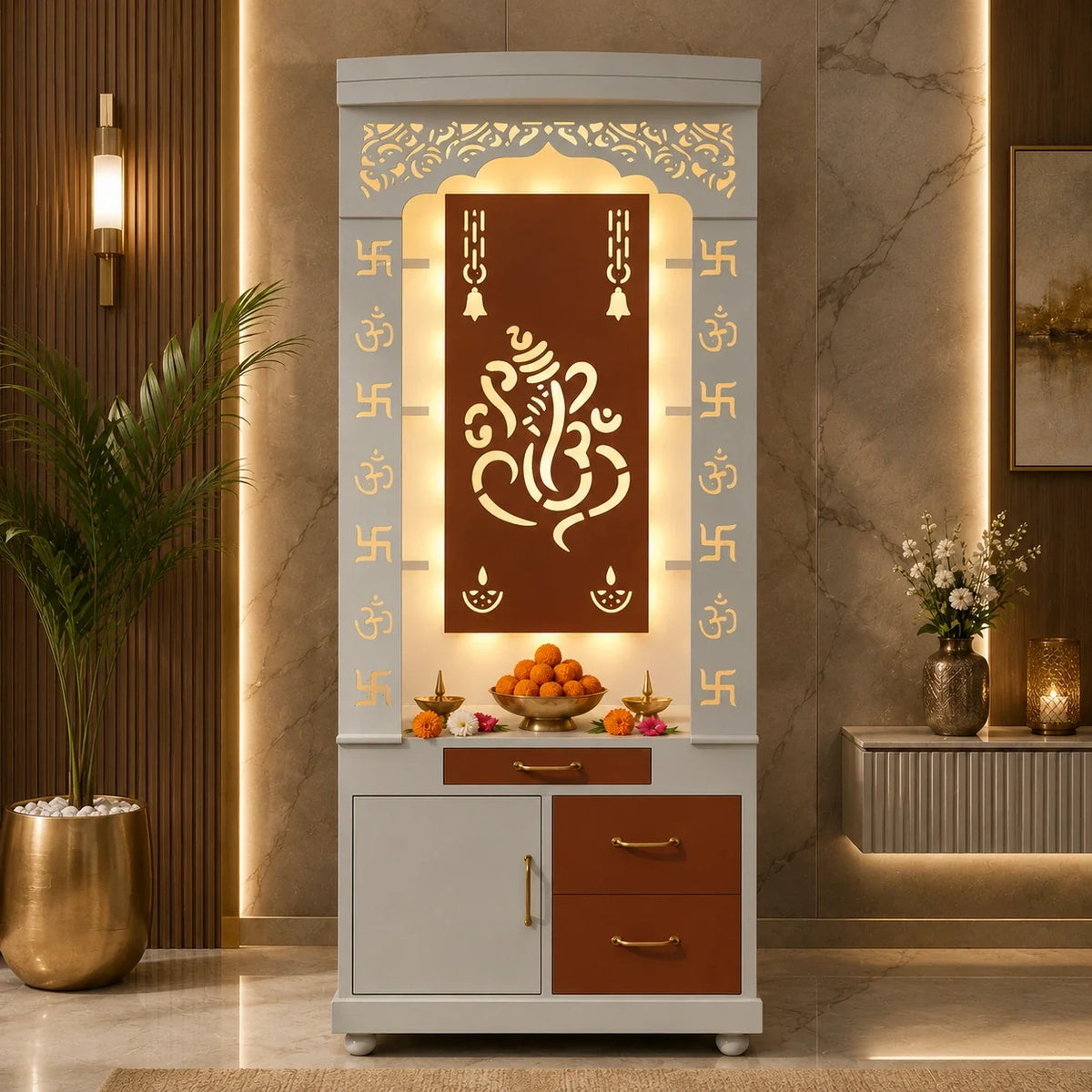 Aesthetic White Finish Wooden Floor Temple with Shri Ganeshji LED Back Panel & Spacious Drawer Storage Cabinet for Home & Office