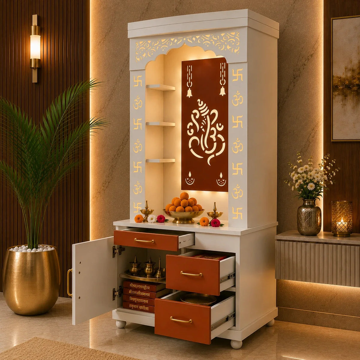 Aesthetic White Finish Wooden Floor Temple with Shri Ganeshji LED Back Panel & Spacious Drawer Storage Cabinet for Home & Office