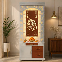 Aesthetic White Finish Wooden Floor Temple with Shri Ganeshji LED Back Panel & Spacious Drawer Storage Cabinet for Home & Office