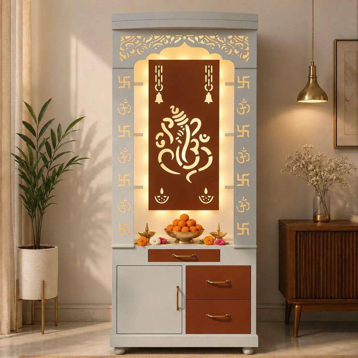 Aesthetic White Finish Wooden Floor Temple with Shri Ganeshji LED Back Panel & Spacious Drawer Storage Cabinet for Home & Office