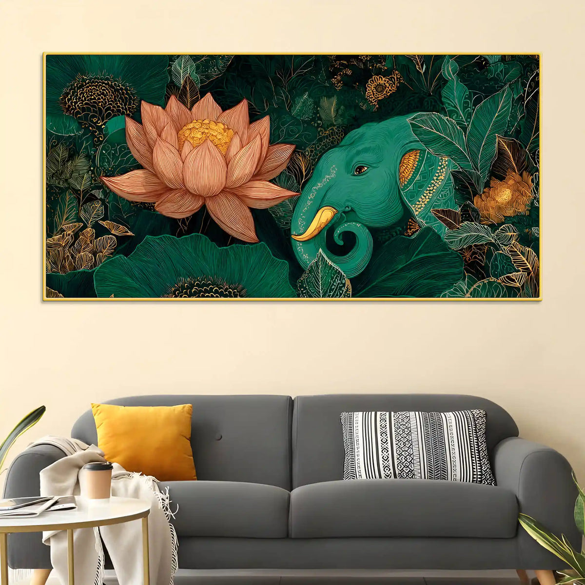 Alluring Elephant and Lotus In Deep Nature Canvas Wall Painting