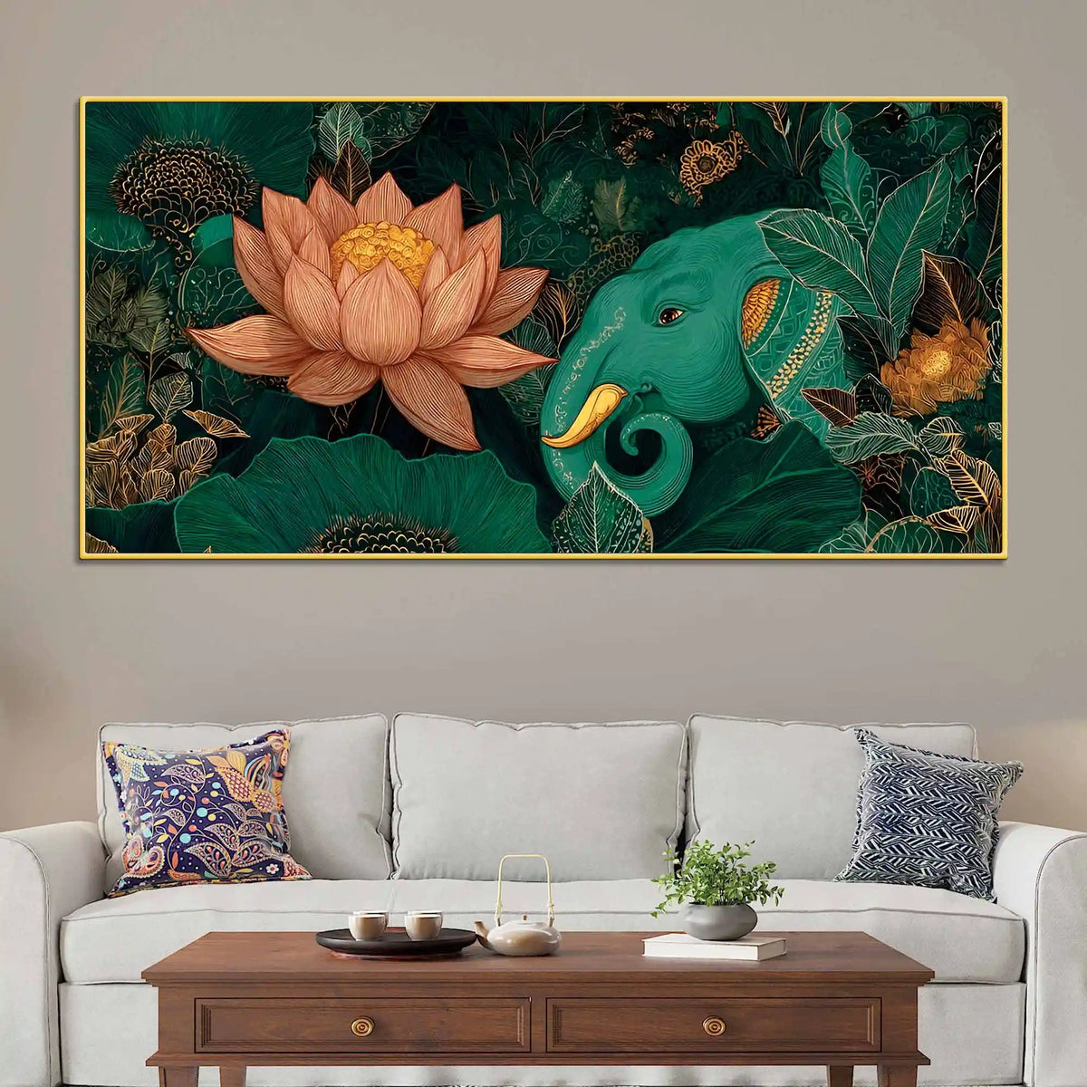 Alluring Elephant and Lotus In Deep Nature Canvas Wall Painting