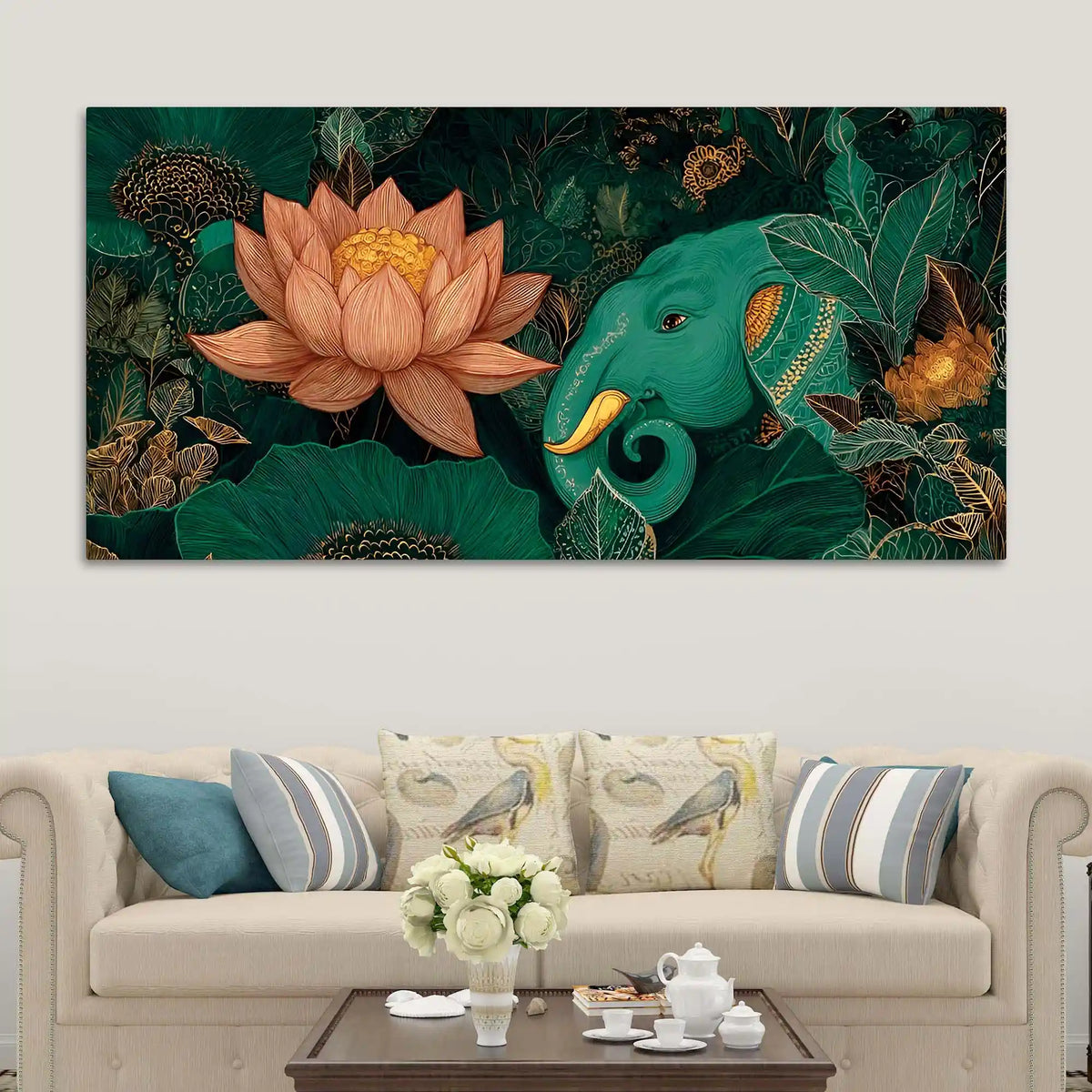 Alluring Elephant and Lotus In Deep Nature Canvas Wall Painting