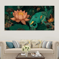 Alluring Elephant and Lotus In Deep Nature Canvas Wall Painting