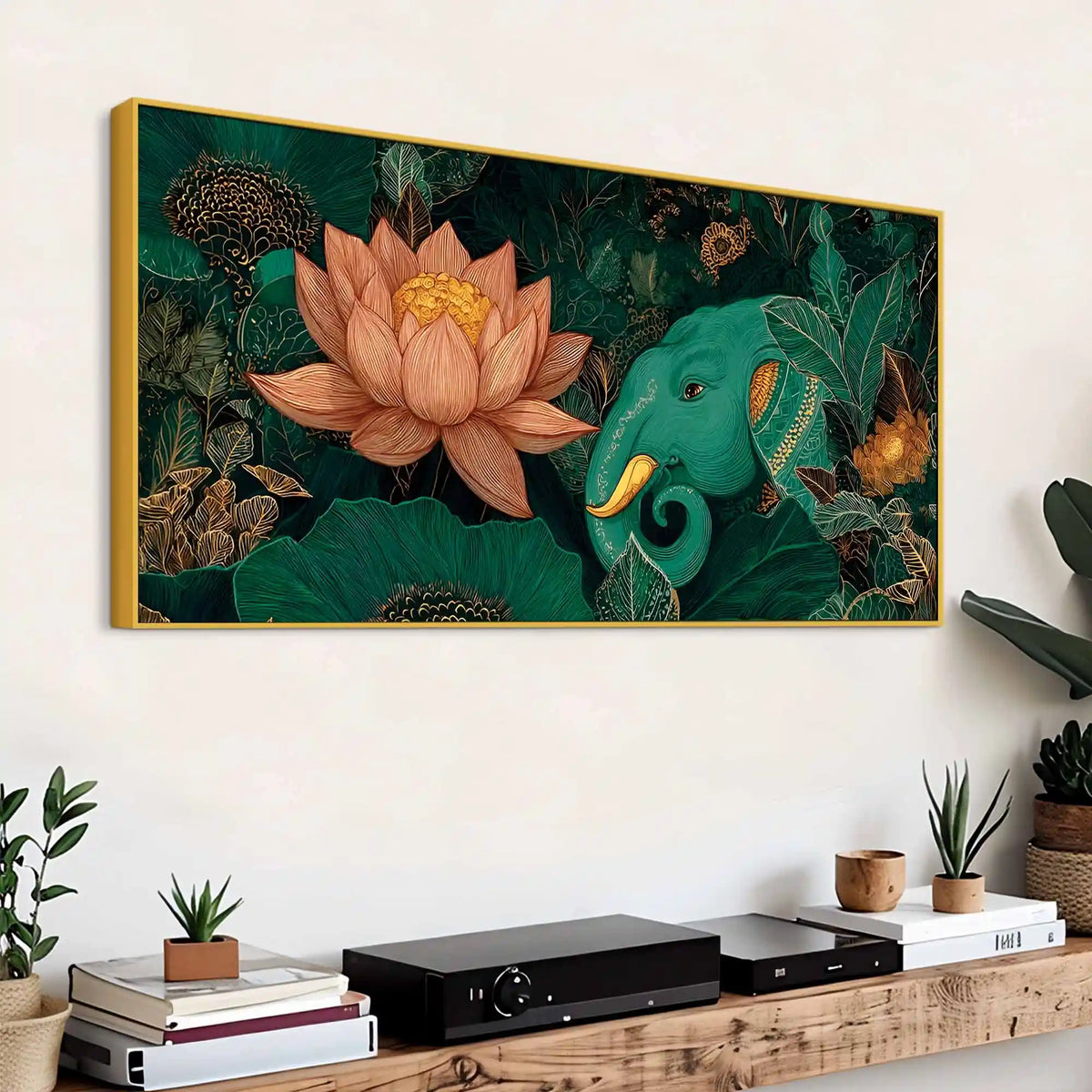 Alluring Elephant and Lotus In Deep Nature Canvas Wall Painting