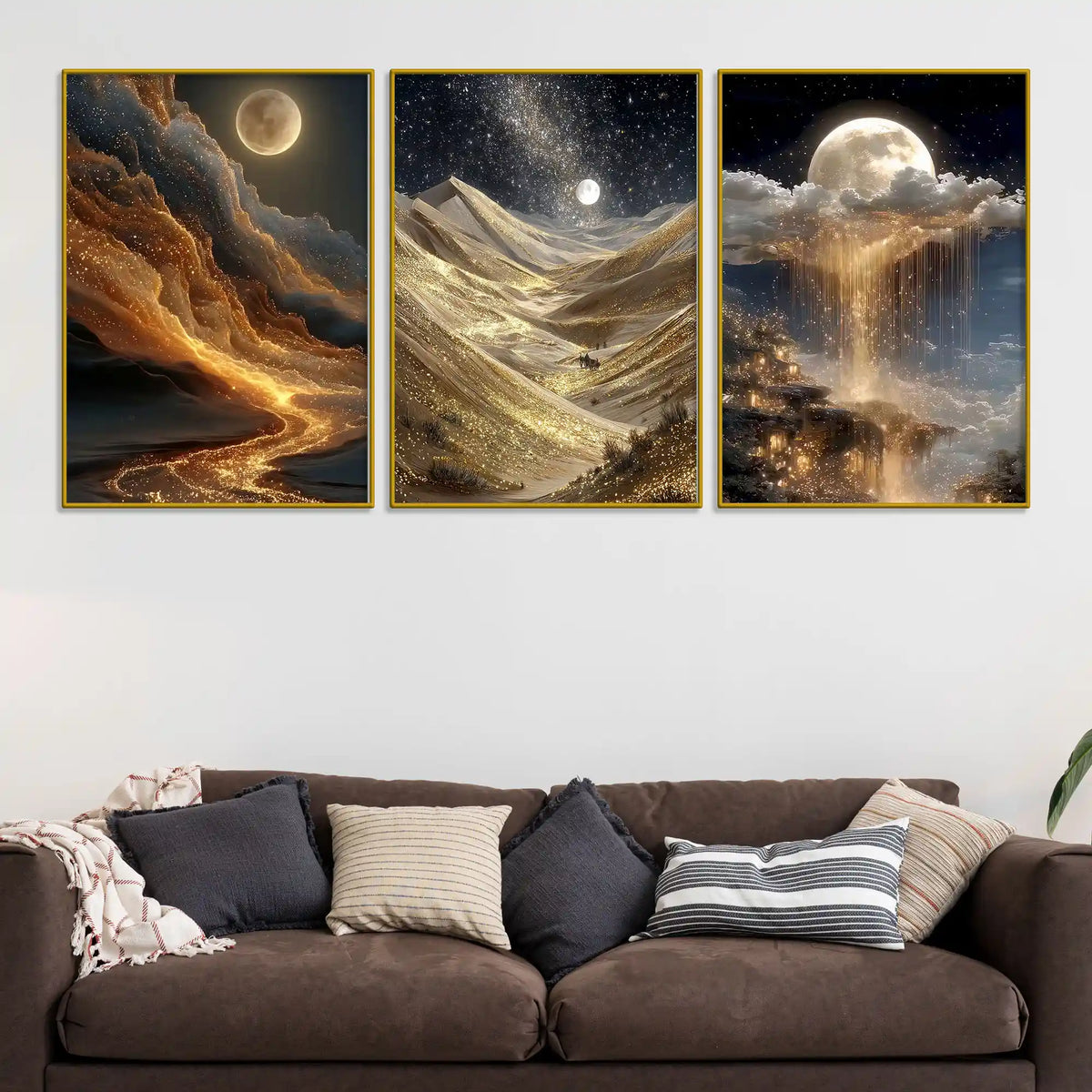Alluring Moon Golden Sky and Mountains Floating Frame Crystal Wall Painting Set of 3