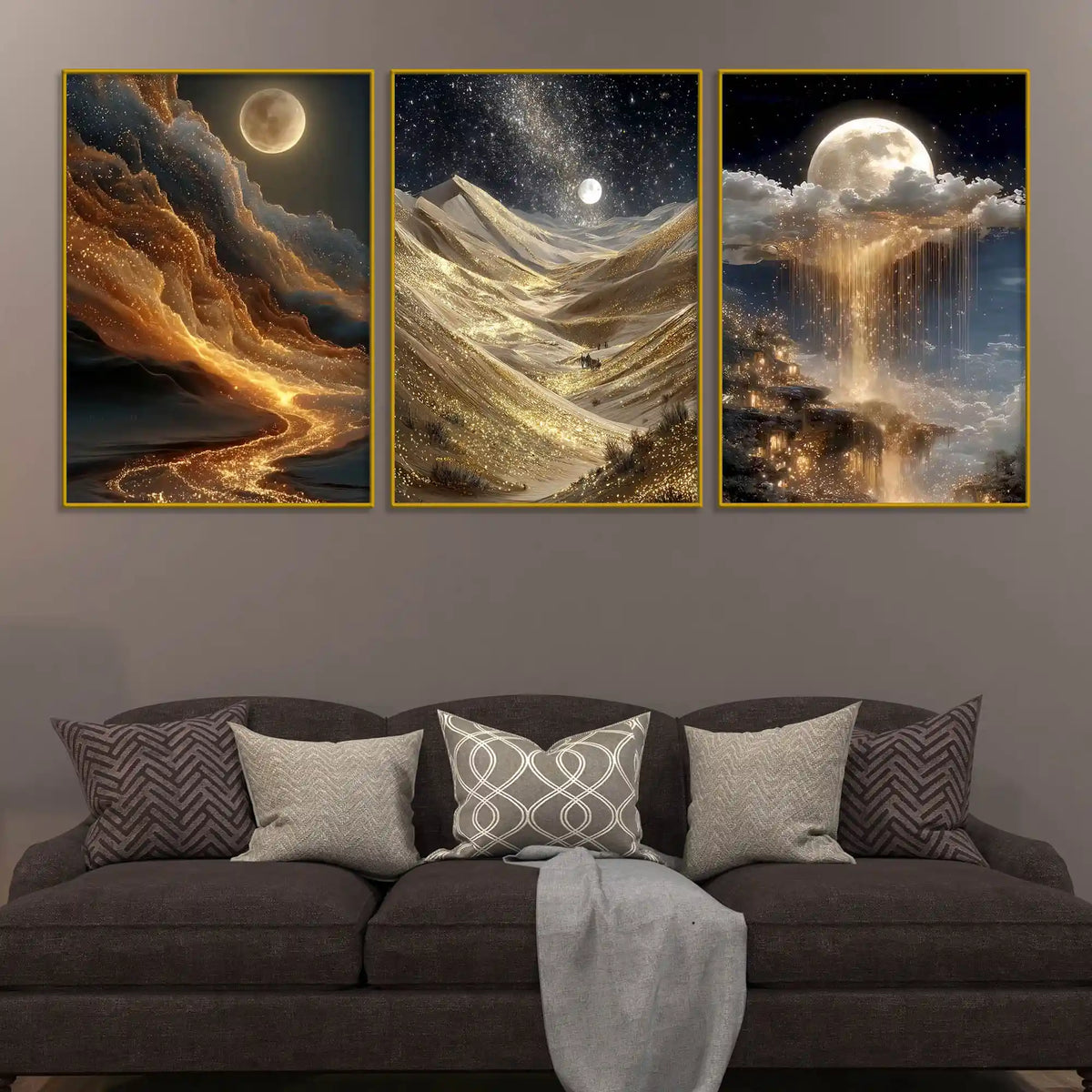 Alluring Moon Golden Sky and Mountains Floating Frame Crystal Wall Painting Set of 3