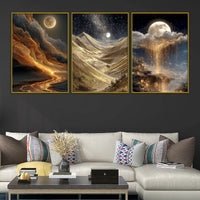 Alluring Moon Golden Sky and Mountains Floating Frame Crystal Wall Painting Set of 3