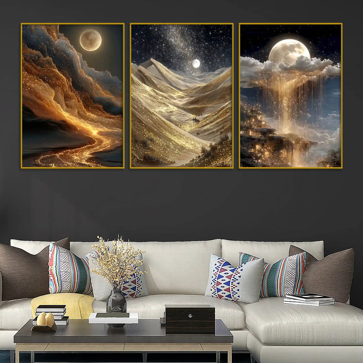 Alluring Moon Golden Sky and Mountains Floating Frame Crystal Wall Painting Set of 3
