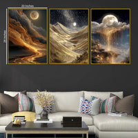 Alluring Moon Golden Sky and Mountains Floating Frame Crystal Wall Painting Set of 3