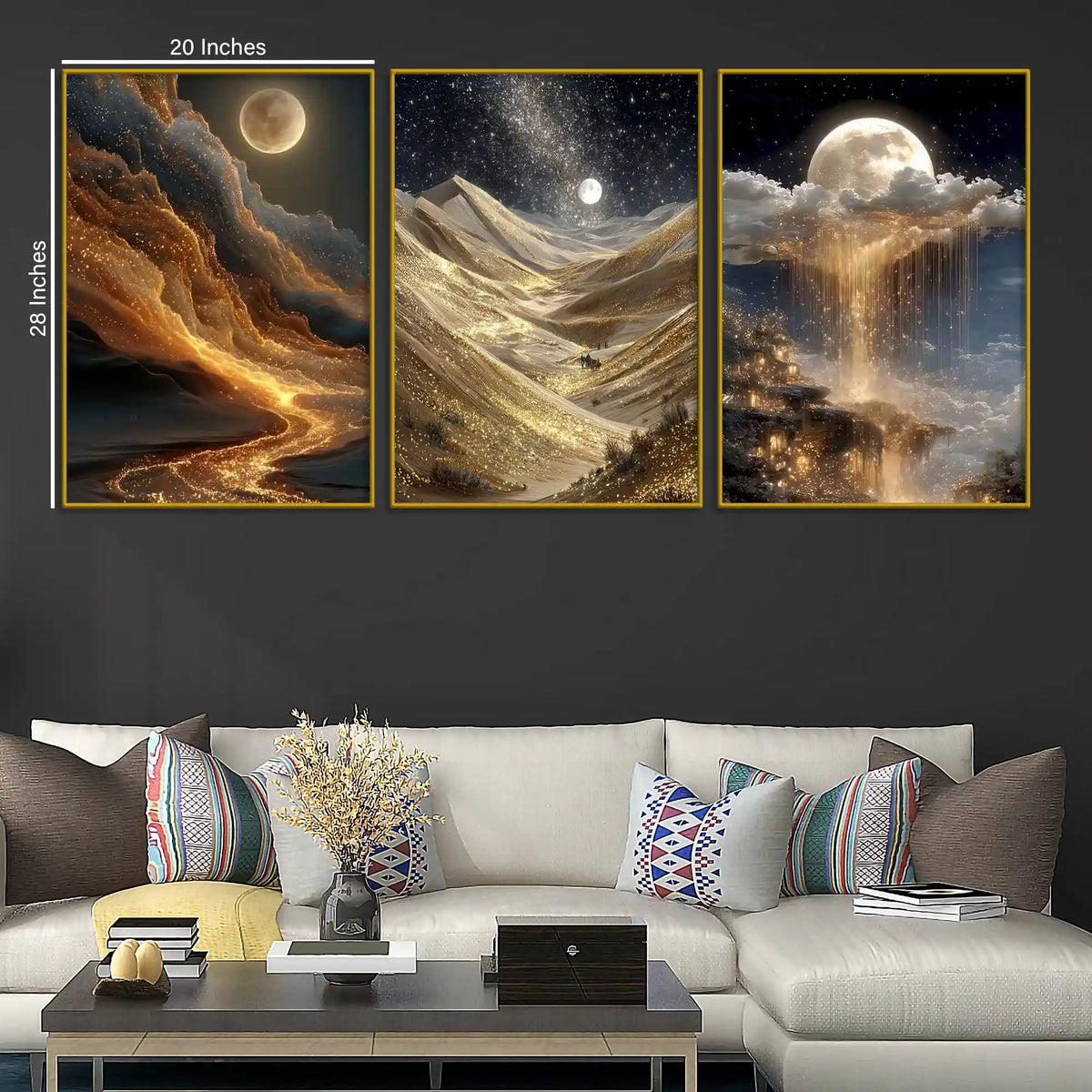 Alluring Moon Golden Sky and Mountains Floating Frame Crystal Wall Painting Set of 3