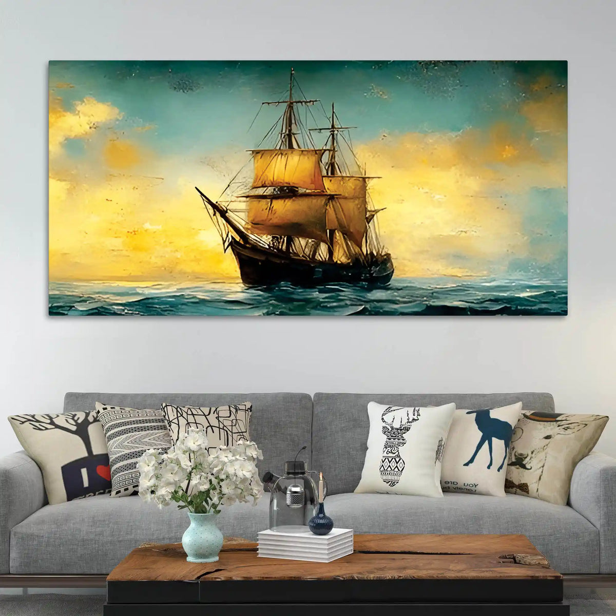 Antique Style Ocean Sailing Ship Abstract Canvas Wall Painting