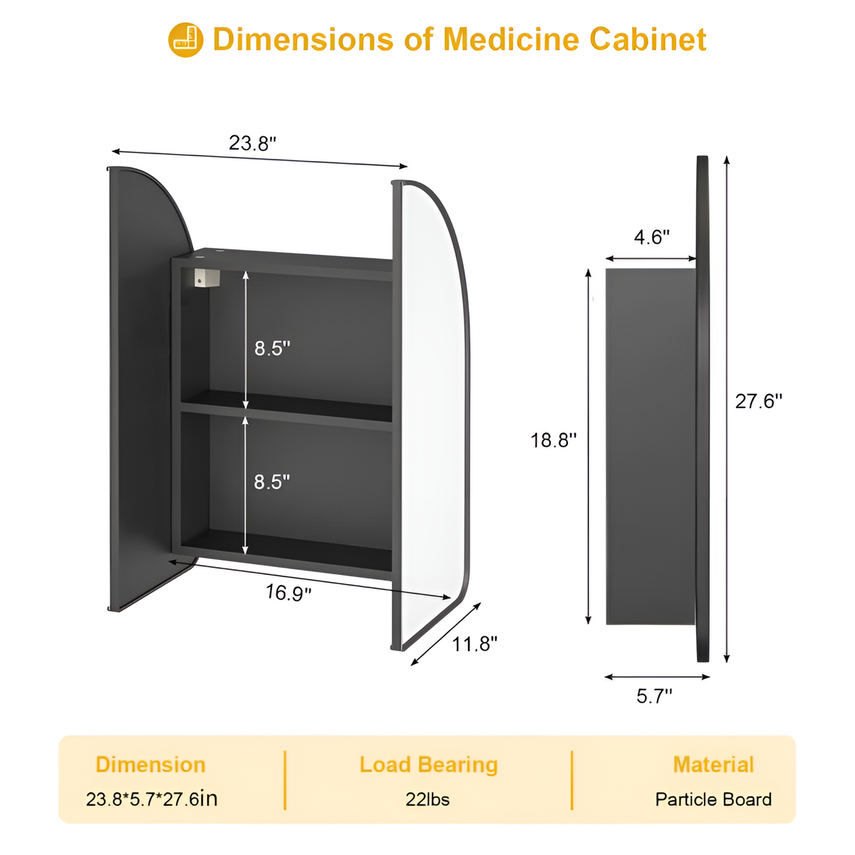 Arched Bathroom Mirror Cabinet with Black Frame & Dual Doors