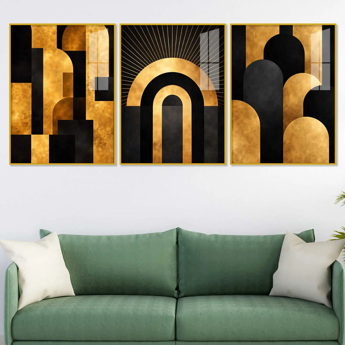Art Deco Gold Abstract Acrylic Floating Frame Wall Painting Set of 3