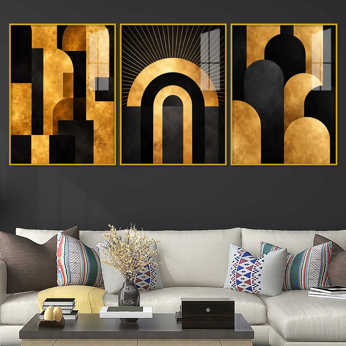 Art Deco Gold Abstract Acrylic Floating Frame Wall Painting Set of 3