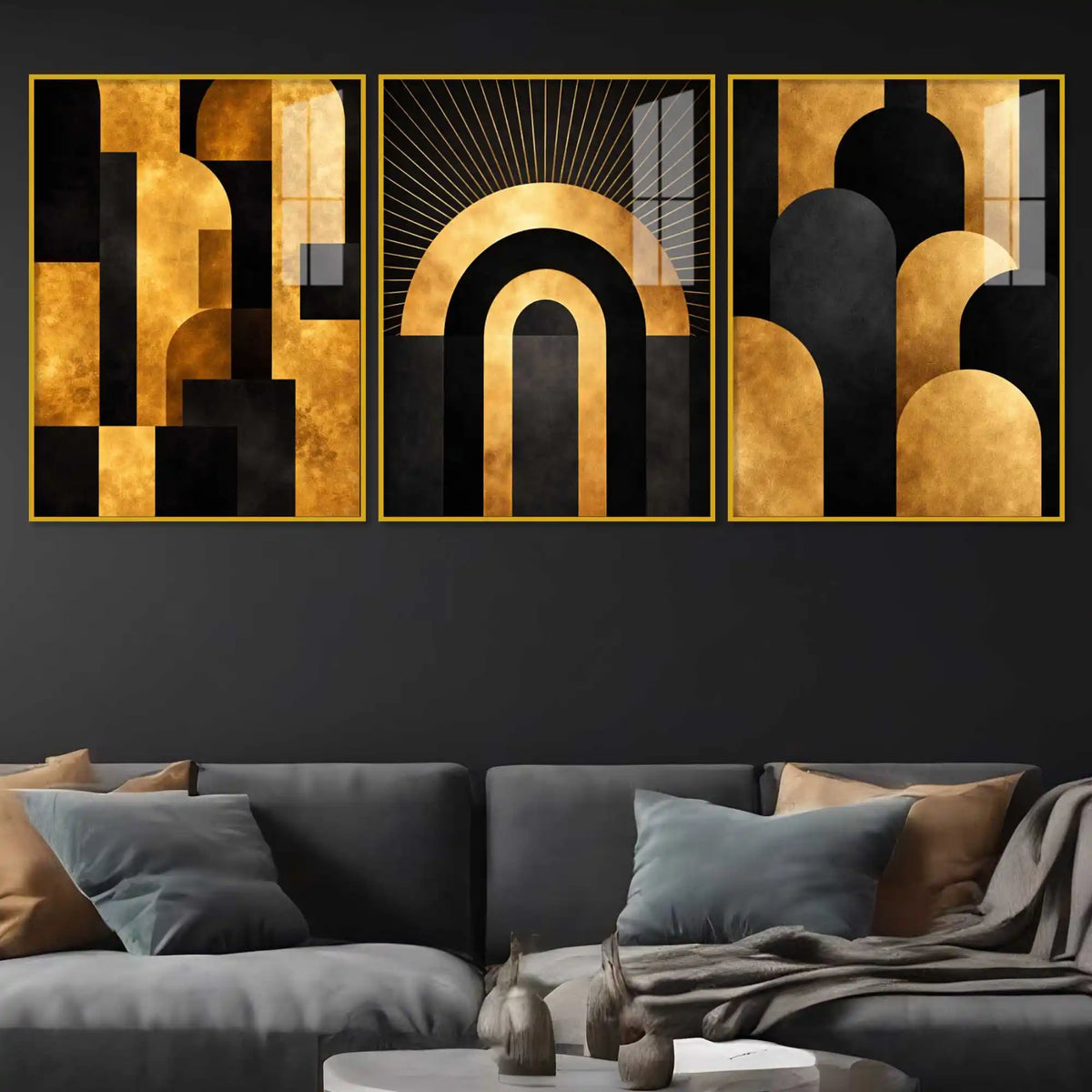 Art Deco Gold Abstract Acrylic Floating Frame Wall Painting Set of 3