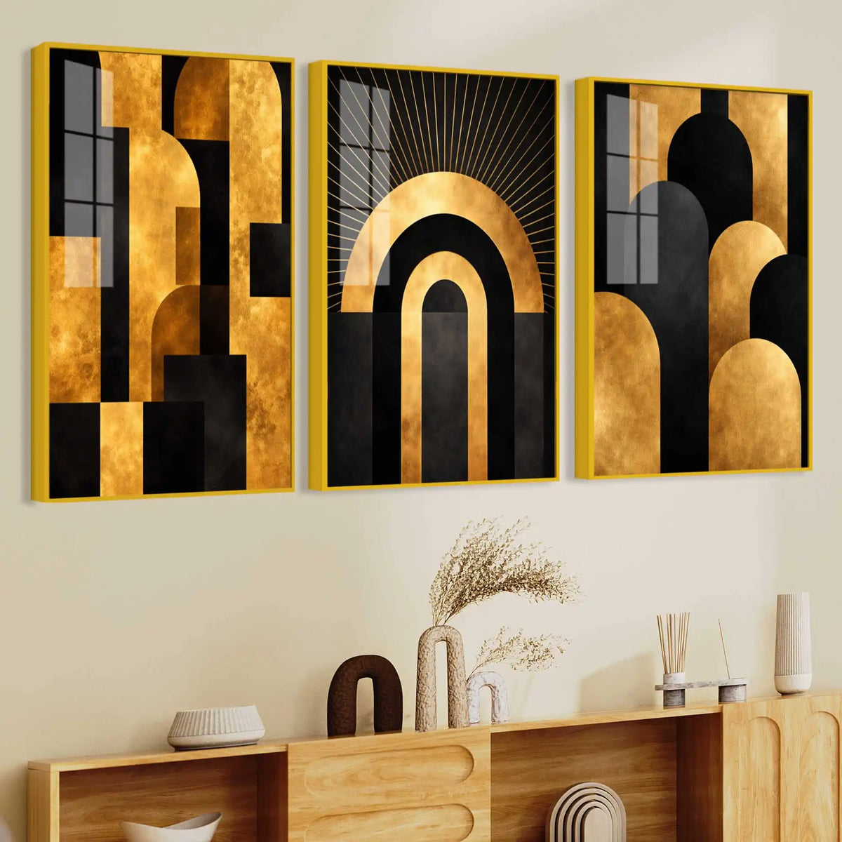 Art Deco Gold Abstract Acrylic Floating Frame Wall Painting Set of 3