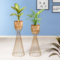 Artful Foliage Golden Stand & Gold Pot Planters Set of 2