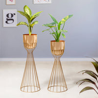 Artful Foliage Golden Stand & Gold Pot Planters Set of 2