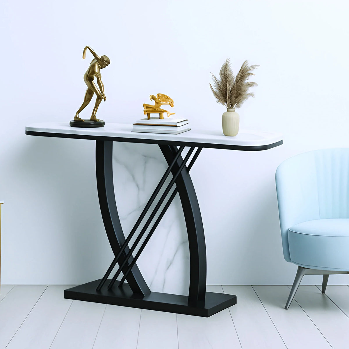 Artistic Black and White Console Table with Dynamic Geometric Support