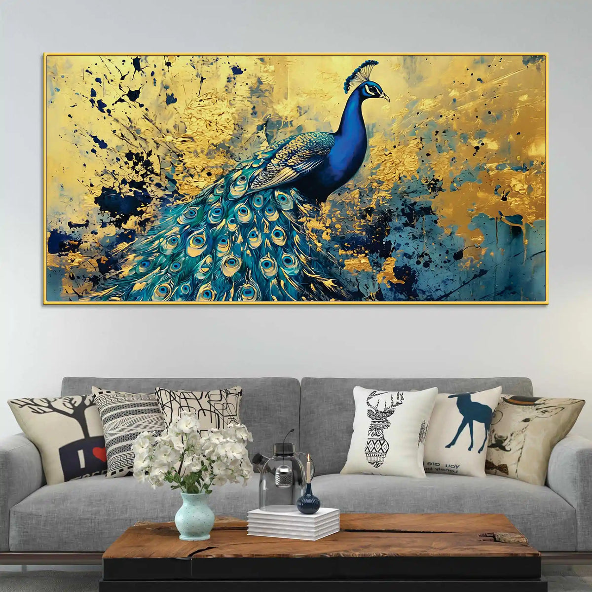 Artistic Blue Feathered Peacock Abstract Canvas Wall Painting