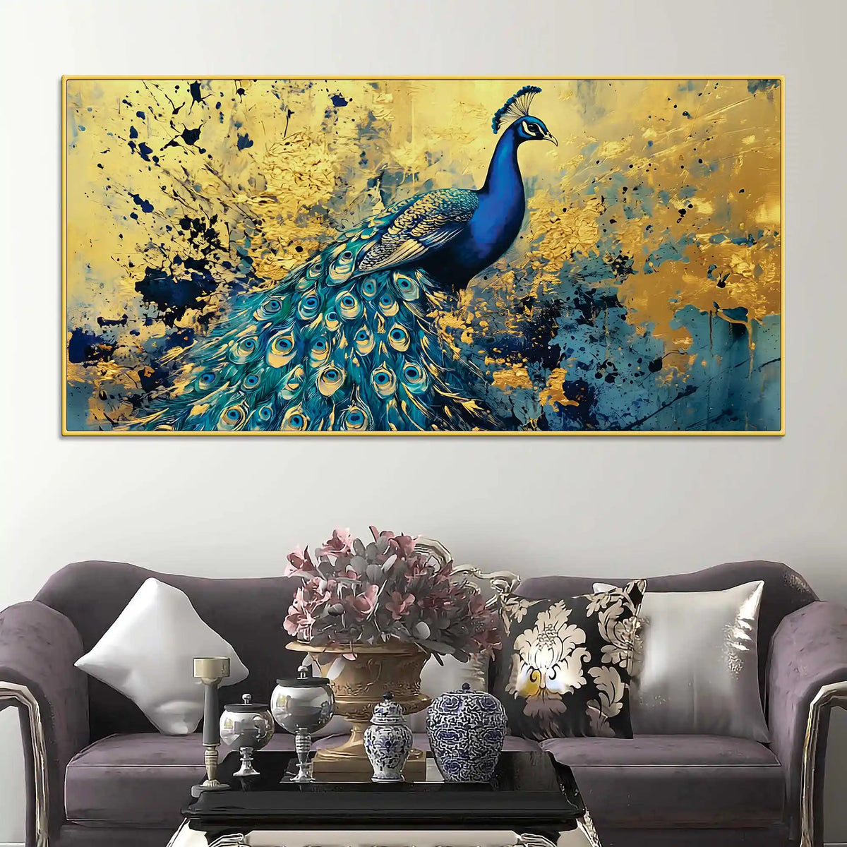 Artistic Blue Feathered Peacock Abstract Canvas Wall Painting