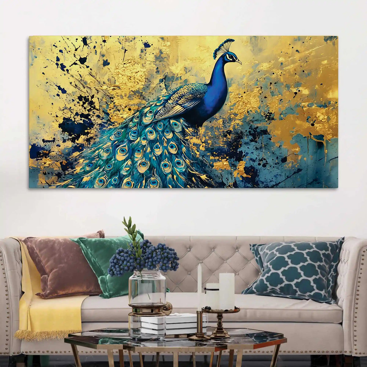 Artistic Blue Feathered Peacock Abstract Canvas Wall Painting