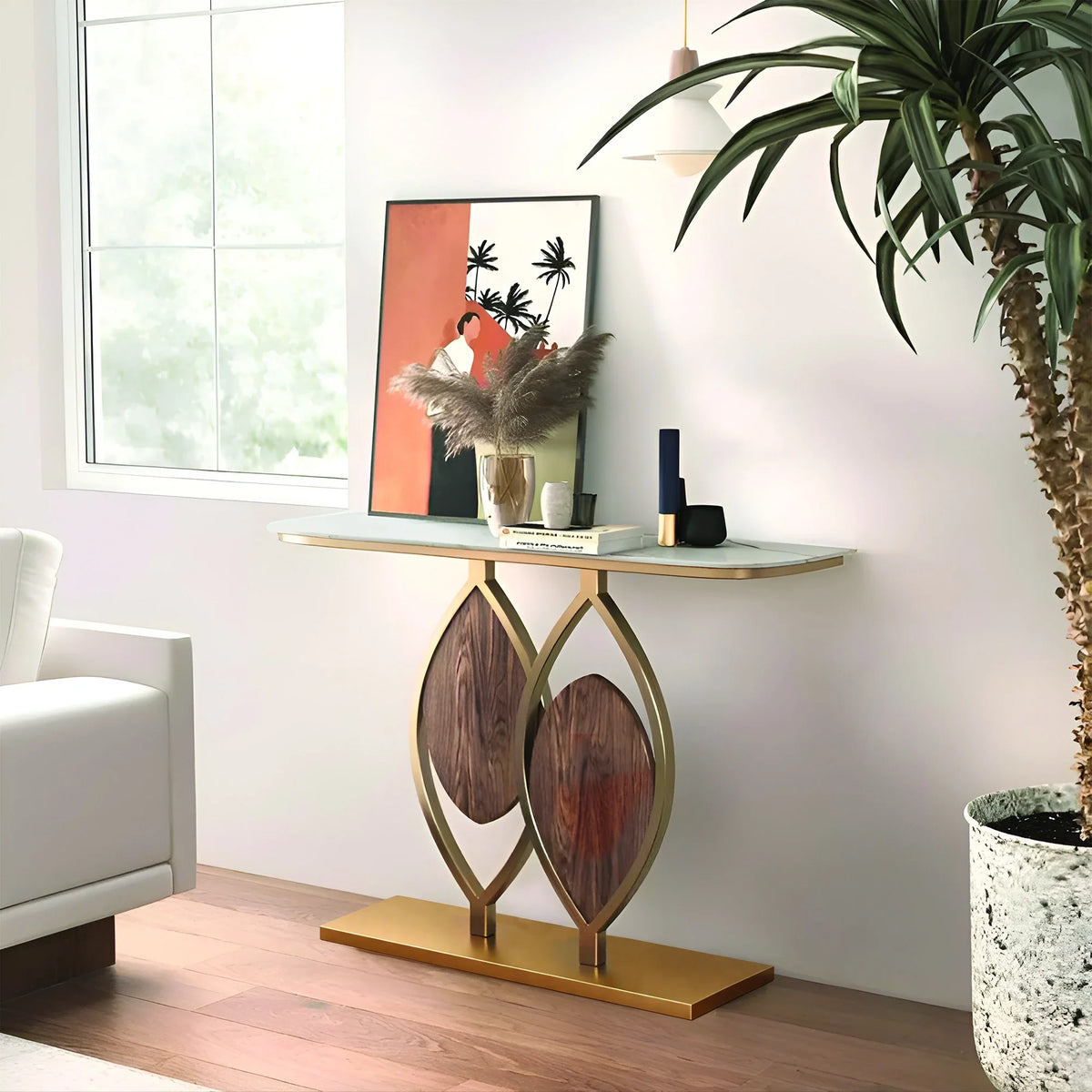 Artistic Console Table with White Marble Top and Leaf Inspired Base