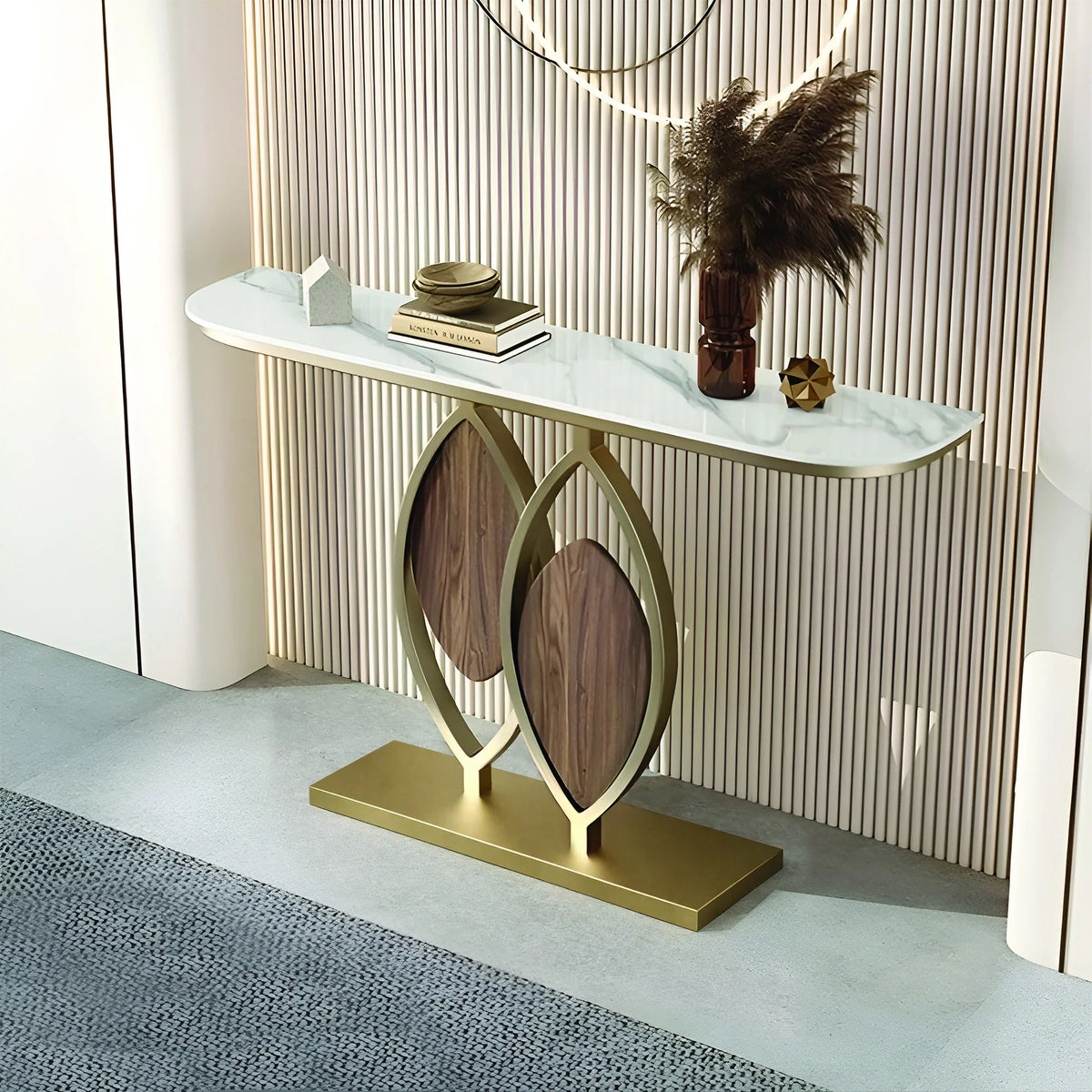 Artistic Console Table with White Marble Top and Leaf Inspired Base