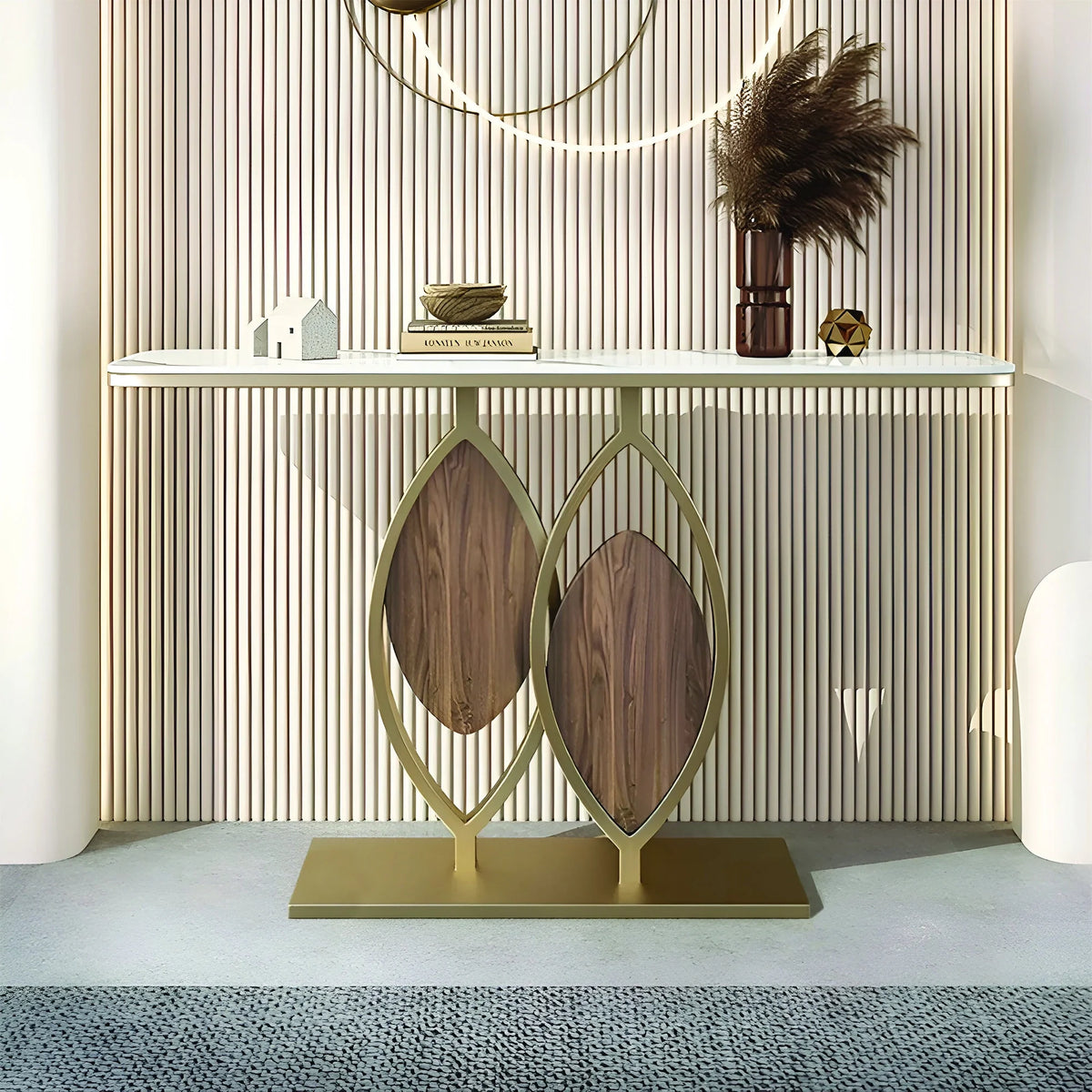 Artistic Console Table with White Marble Top and Leaf Inspired Base
